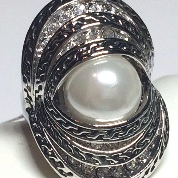 Pearl Cocktail Ring Size 6 Art Deco Statement Vintage Style Silver RhodiumPlated - Picture 2 of 12